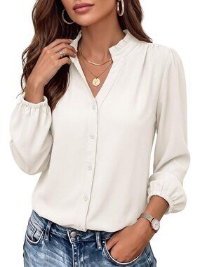Women's White Long Sleeve V Neck Button Down Shirts Causal Tops Blouses